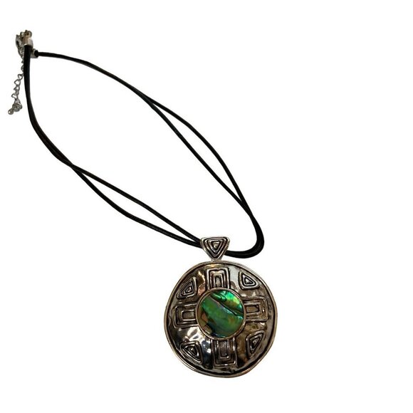 Premier Designs Pendant Necklace Silver Cross Green Shell Inlay Black Cord - Picture 8 of 12